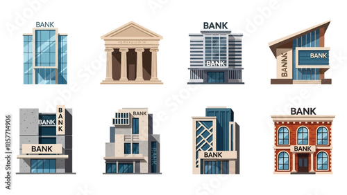 Modern vector illustration set of bank buildings in various architectural styles, isolated on white background, solid colors, ideal for finance, economy, and city design