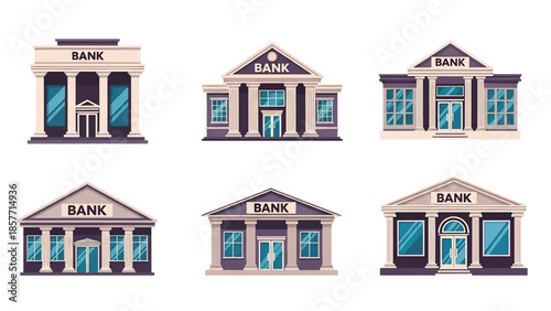 Modern vector illustration set of bank buildings in various architectural styles, isolated on white background, solid colors, ideal for finance, economy, and city design
