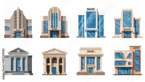 Modern vector illustration set of bank buildings in various architectural styles, isolated on white background, solid colors, ideal for finance, economy, and city design