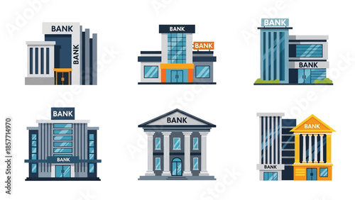 Modern vector illustration set of bank buildings in various architectural styles, isolated on white background, solid colors, ideal for finance, economy, and city design