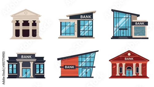 Modern vector illustration set of bank buildings in various architectural styles, isolated on white background, solid colors, ideal for finance, economy, and city design