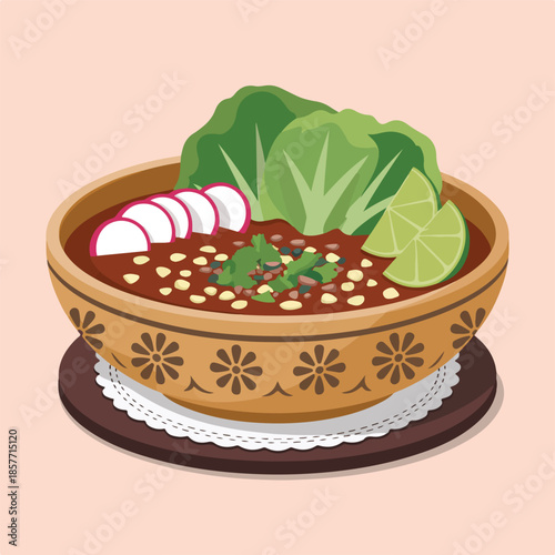 Vector illustration of a delicious meal featuring a bowl of fresh vegetable soup and a sweet chocolate birthday cake dessert with cream and cherry decoration for a bakery celebration design