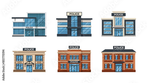 Modern vector illustration of police station buildings in various architectural styles, isolated on white background, solid colors, ideal for safety and law enforcement visuals