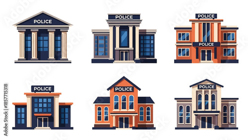 Modern vector illustration of police station buildings in various architectural styles, isolated on white background, solid colors, ideal for safety and law enforcement visuals