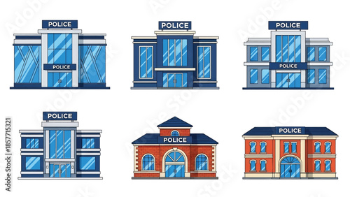 Modern vector illustration of police station buildings in various architectural styles, isolated on white background, solid colors, ideal for safety and law enforcement visuals