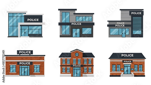 Modern vector illustration of police station buildings in various architectural styles, isolated on white background, solid colors, ideal for safety and law enforcement visuals