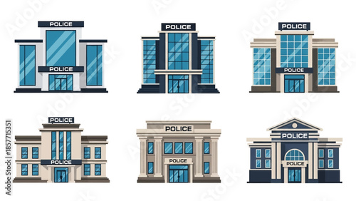 Modern vector illustration of police station buildings in various architectural styles, isolated on white background, solid colors, ideal for safety and law enforcement visuals