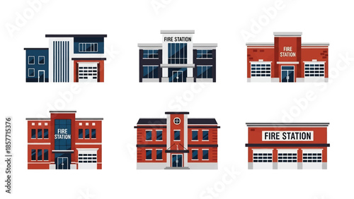 Modern vector illustration set of fire station buildings in different architectural styles, isolated on white background, solid colors, ideal for emergency and safety design