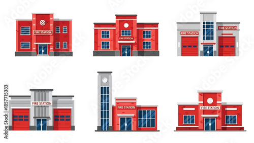 Modern vector illustration set of fire station buildings in different architectural styles, isolated on white background, solid colors, ideal for emergency and safety design