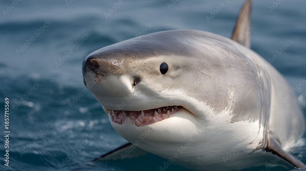 Fototapeta premium A close up portrait of a great white shark with its mouth slightly open revealing sharp teeth in the ocean