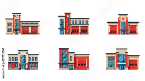 Modern vector illustration set of fire station buildings in different architectural styles, isolated on white background, solid colors, ideal for emergency and safety design