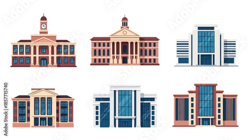 Modern vector illustration set of university buildings in different architectural styles, isolated on white background, solid colors, ideal for higher education visuals