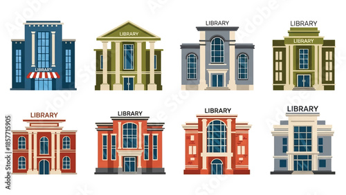 Modern vector illustration of public library buildings in various architectural styles, isolated on white background, solid colors, ideal for education and knowledge themes