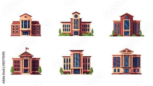 Modern vector illustration of public library buildings in various architectural styles, isolated on white background, solid colors, ideal for education and knowledge themes