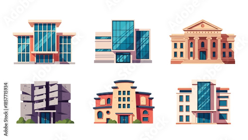 Modern vector illustration of public library buildings in various architectural styles, isolated on white background, solid colors, ideal for education and knowledge themes