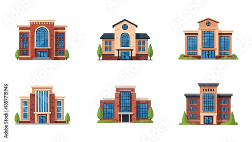 Modern vector illustration of public library buildings in various architectural styles, isolated on white background, solid colors, ideal for education and knowledge themes