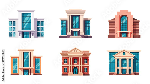 Modern vector illustration of public library buildings in various architectural styles, isolated on white background, solid colors, ideal for education and knowledge themes
