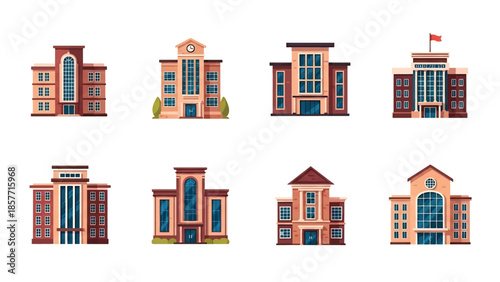 Modern vector illustration of public library buildings in various architectural styles, isolated on white background, solid colors, ideal for education and knowledge themes