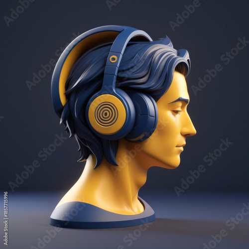 Calm modern bust of man listening to music on blue and yellow headphone. minimalist profile head showing focus on audio and sound technology