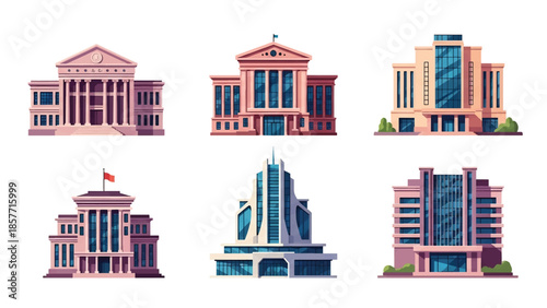 Modern vector illustration of public library buildings in various architectural styles, isolated on white background, solid colors, ideal for education and knowledge themes