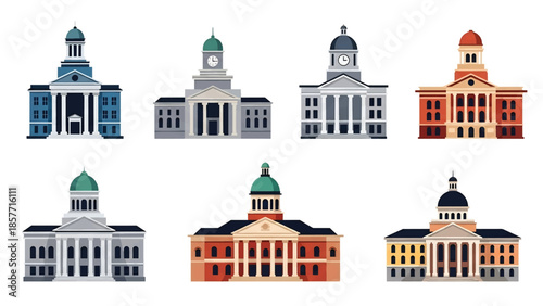 Modern vector illustration set of courthouse buildings in different architectural styles, isolated on white background, solid colors, ideal for law and justice visuals