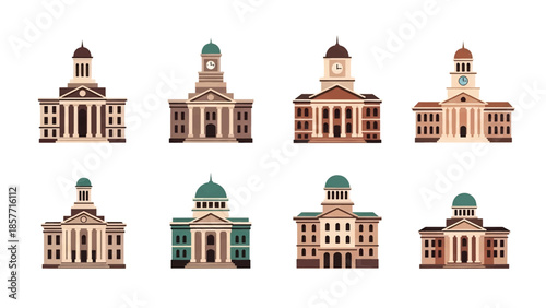 Modern vector illustration set of courthouse buildings in different architectural styles, isolated on white background, solid colors, ideal for law and justice visuals