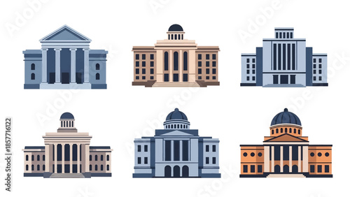 Modern vector illustration set of courthouse buildings in different architectural styles, isolated on white background, solid colors, ideal for law and justice visuals