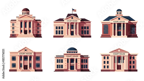 Modern vector illustration set of courthouse buildings in different architectural styles, isolated on white background, solid colors, ideal for law and justice visuals
