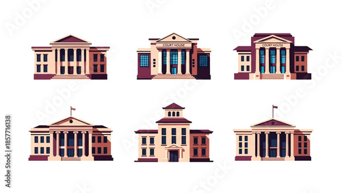 Modern vector illustration set of courthouse buildings in different architectural styles, isolated on white background, solid colors, ideal for law and justice visuals