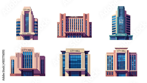 Modern vector illustration of city hall buildings in various architectural styles, isolated on white background, solid colors, ideal for government and civic design