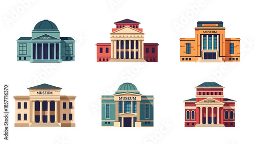 Modern vector illustration set of museum buildings in various architectural styles, isolated on white background, solid colors, ideal for culture and tourism visuals
