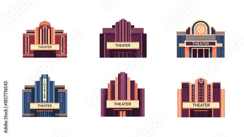 Modern vector illustration of theater buildings in different architectural styles, isolated on white background, solid colors, ideal for entertainment and culture graphics