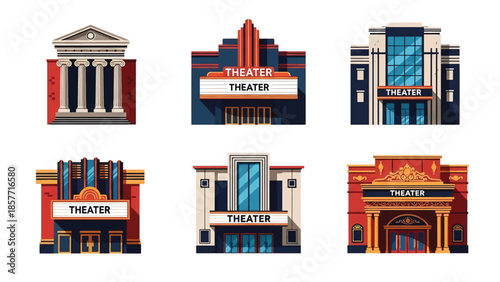 Modern vector illustration of theater buildings in different architectural styles, isolated on white background, solid colors, ideal for entertainment and culture graphics