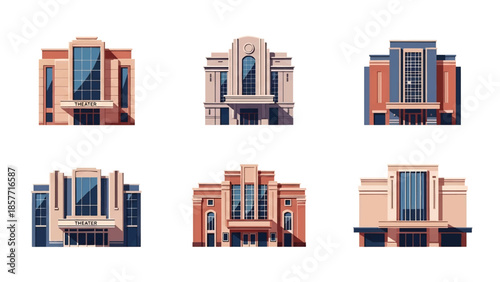 Modern vector illustration of theater buildings in different architectural styles, isolated on white background, solid colors, ideal for entertainment and culture graphics