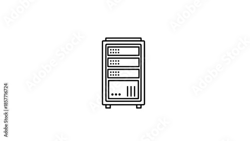 Minimalist line-art server rack icon with stacked cabinets and indicator panels
