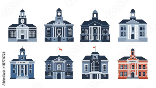 Modern vector illustration set of town hall buildings in different architectural styles, isolated on white background, solid colors, ideal for local government visuals