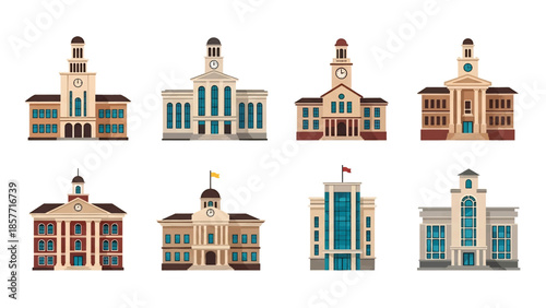 Modern vector illustration set of town hall buildings in different architectural styles, isolated on white background, solid colors, ideal for local government visuals