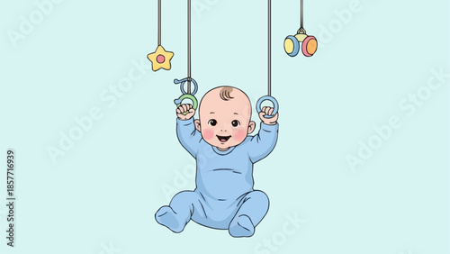 Happy Baby Playing with Hanging Toys Illustration.