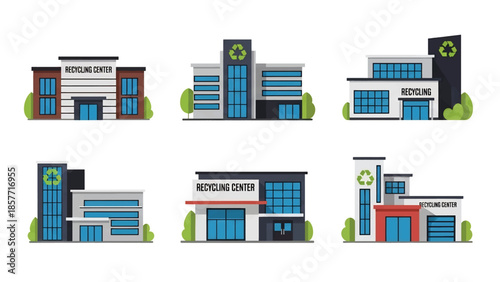 Modern vector illustration set of recycling center buildings in different architectural styles, isolated on white background, solid colors, ideal for environmental graphics