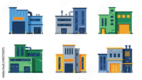 Modern vector illustration set of recycling center buildings in different architectural styles, isolated on white background, solid colors, ideal for environmental graphics