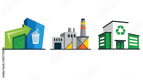 Modern vector illustration set of recycling center buildings in different architectural styles, isolated on white background, solid colors, ideal for environmental graphics