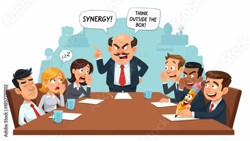 Cartoon Business Meeting with Overbearing Boss and Clich?d Buzzwords.