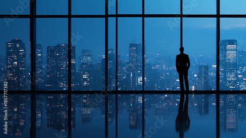 Silhouette of a businessperson looking out a panoramic office window at a city skyline during blue hour, symbolizing corporate vision and ambition.