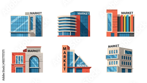 Modern vector illustration set of public market buildings in different architectural styles, isolated on white background, solid colors, ideal for commerce and city life visuals