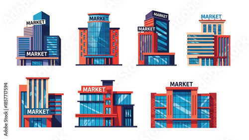 Modern vector illustration set of public market buildings in different architectural styles, isolated on white background, solid colors, ideal for commerce and city life visuals