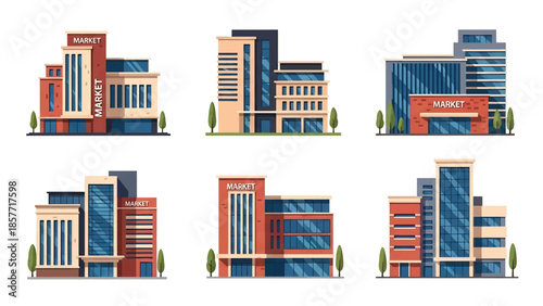 Modern vector illustration set of public market buildings in different architectural styles, isolated on white background, solid colors, ideal for commerce and city life visuals