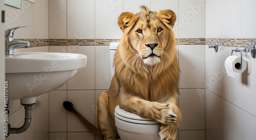 Majestic lion sits on toilet in bathroom awaiting his turn.