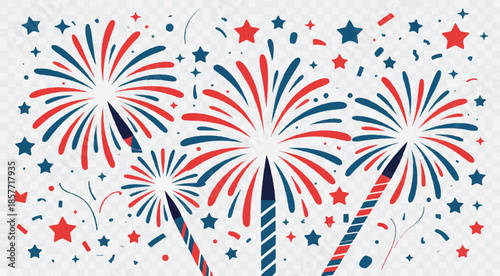 Fourth of July fireworks pattern vector illustration with red, white, and blue stars, stripes, and flag elements for seamless America independence day celebration design backdrop