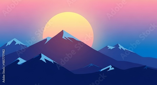 Stylized mountains under a large sun and gradient sky.