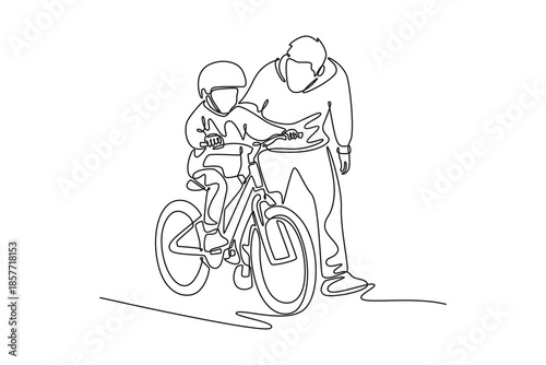 Happy family grandfather teaches boy grandson to ride a bike. Growing family life stage concept. Single line draw design. Vector graphic illustration